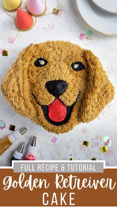 a golden retriever cake on a table with confetti around it and the words, full recipe & tutor golden retriever cake