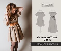 a woman in a dress with the text gathered tunic dress digital sewing pattern on it