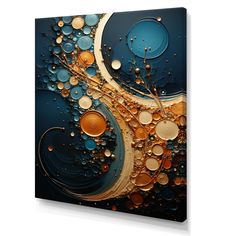 an abstract painting with circles and bubbles on a blue background canvas wall art print, ready to hang in your home or office