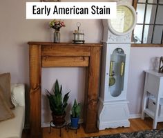 a living room with a grandfather clock next to a plant and mirror on the wall