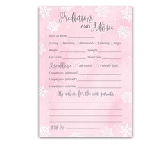 a pink and white snowflake themed wedding advice card with the words,'congratulationss and advice'on it