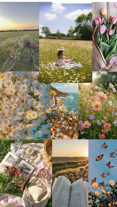 a collage of pictures with flowers and people sitting in the grass, reading books