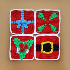 four square crocheted coasters with christmas decorations