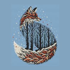 a cross stitch fox sitting on top of a moon with trees in the foreground