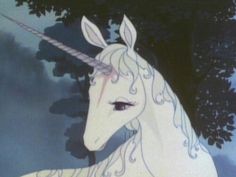 an animated image of a unicorn with long hair