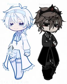 two anime characters are standing next to each other, one is black and the other is white