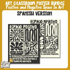 two spanish posters with the words art classroom poster bundle in black and white on them