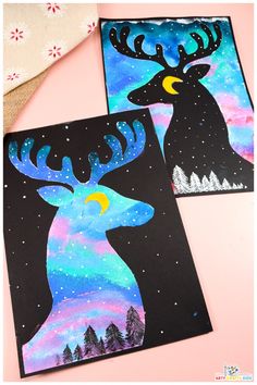 two paintings of deer with stars in the sky