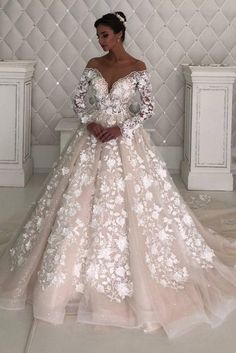 Long Sleevess A line Lace Designer wedding dresses with sleeves-Ballbella Short Bridal Gown, Sequin Ball Gown, Wedding Dress Champagne, Wedding Dress Chiffon, Wedding Dresses With Sleeves, Long Wedding Dresses, Designer Wedding, Online Wedding Dress, Cheap Wedding Dress