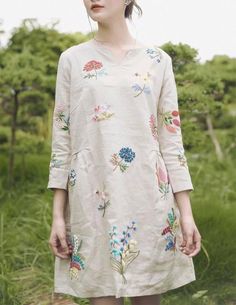 Linen Dress With Hand Embroidered Wild Flower Pattern, Linen Dress for Woman, Tinythingsmadeuhappy - Etsy Bulgaria Spring Floral Print Linen Dress For Garden Party, Floral Print Linen Dress For Spring Garden Party, Spring Floral Linen Dress For Garden Party, Spring Garden Party Linen Dress With Floral Print, Embroidered Linen Bohemian Dress, Bohemian Embroidered Linen Dress, Spring Beige Embroidered Dress With Embroidered Hem, Embroidered Long Sleeve Linen Dress For Spring, Bohemian Linen Dress With Floral Print