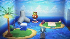 an animal crossing game in the middle of a room with blue water and palm trees