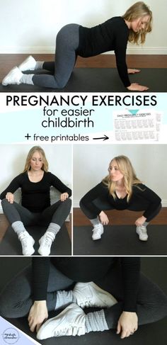 a woman in black shirt and grey pants doing yoga exercises with her feet on the ground