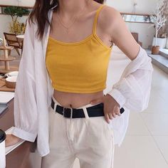 - Type: women's tank top- Streetwear style- Slim fit- O-neckline- Short- Thin shoulder straps- Solid colors- Material: cotton Cool Streetwear, Streetwear Mode, Top Outfit, Tanktop Girl, Top Streetwear, Yellow Top, Cami Crop Top, Casual Tank Tops