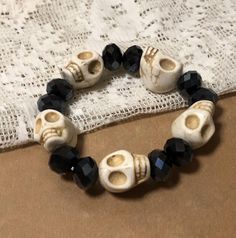 A very cool way to be witchy in a subtle way Stretch bracelet  Skulls and grey facueted beads Halloween Skull, Charm Bracelets, Stretch Bracelet, Stretch Bracelets, Arm Band, Jewelry Bracelets, Charm Bracelet, Bracelet, Beads