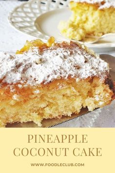 a piece of pineapple coconut cake with powdered sugar on top