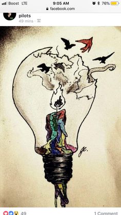 an artistic drawing of a light bulb with birds flying around it and the earth inside