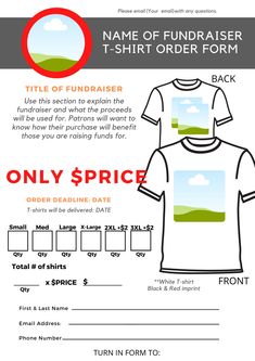 a t - shirt order form with an image of the front and back of it