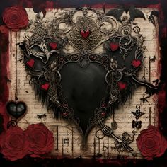 altered photograph of a heart surrounded by roses and keys, with hearts in the middle