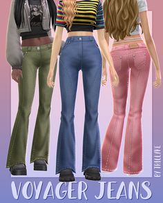 three females wearing different colored jeans and black shoes with the words voyage jeans on them