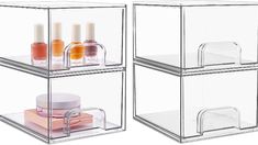 two clear storage containers with bottles and lids