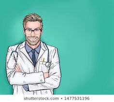 a drawing of a man in a lab coat with his arms crossed, smiling at the camera