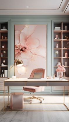 an elegant office with pink flowers on the wall and shelving behind it, along with a gold desk lamp