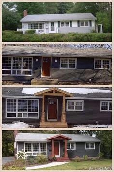 three different pictures of the same house and one has a red front door, two are brown with white trim