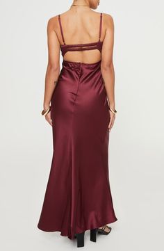 Princess Polly Fadyen Bias Cut Satin Maxi Dress | Nordstrom Dark Red Long Dress, Maroon Prom Dress, Sleek Back, Maxi Design, Long Red Dress, Senior Prom, Satin Maxi, Dress Satin, Satin Maxi Dress