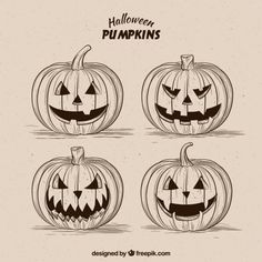 four pumpkins with carved faces on them, all in different shapes and sizes for halloween