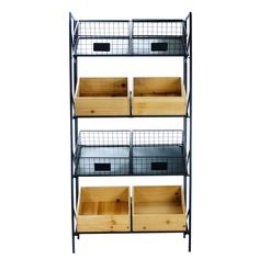 three shelves with baskets and bins on them, one is black and the other is wood