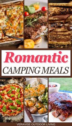 the cover of romantic camping meals by veravish outdoor living, featuring grilled meats and vegetables