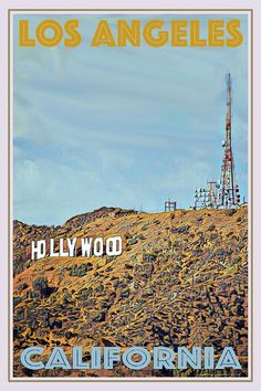 an advertisement for the los angeles radio station on top of a hill with telephone poles in the background