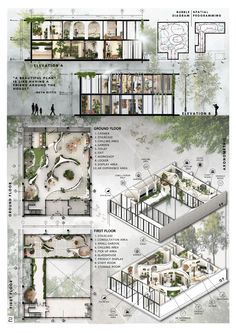 an architectural drawing shows the interior and exterior sections of a house, with multiple levels to each