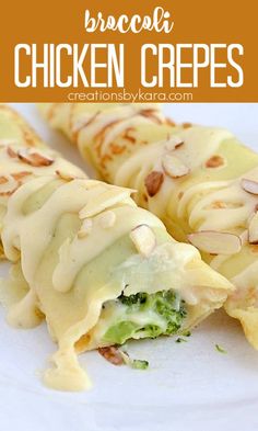 broccoli chicken crepes are stuffed with cheese and topped with almonds