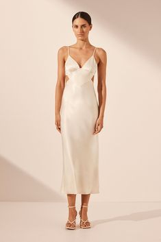 La Lune Backless Midi Dress | Cream | Dresses | Shona Joy Elegant Backless Midi Dress For Brunch, Elegant Midi Length Silk Dress For Brunch, Modal Satin Midi Dress, Cream Midi Dress For Dinner, Cream Midi Slip Dress For Evening, Elegant Modal Satin Midi Dress For Wedding, Elegant Backless Satin Dress For Brunch, Sleek Midi Dress For Wedding, Sleeveless Modal Satin Midi Dress For Wedding