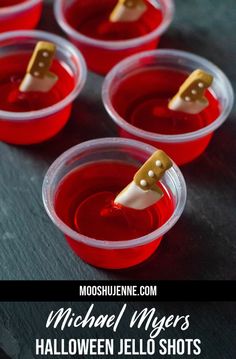 red jello shots with toothpicks in them and text overlay that reads michael myers's halloween jello shots