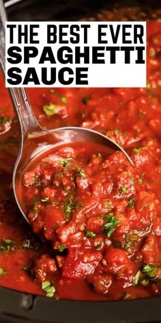 the best ever spaghetti sauce in a slow cooker with a ladle scooping out