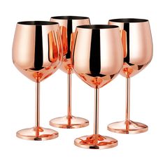 three rose gold wine glasses with black rims