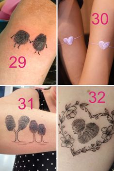 four pictures showing different tattoos and numbers