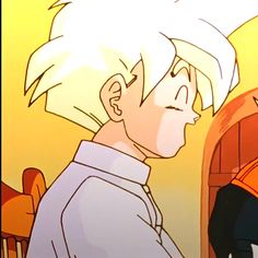 an animated image of a man with white hair looking at his reflection in a mirror