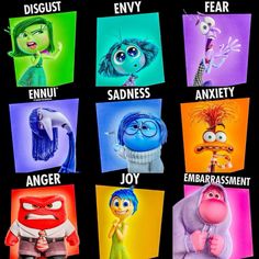 an image of cartoon characters with words describing the different emotions in each one's face