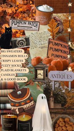 a collage of pumpkins, candles, and other items with words on them