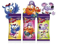 three bags of candy with cartoon characters on the front and one bag in the back