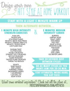 an info sheet with instructions for the home workout program on it's side, and text that reads design your own hit - style at home workout