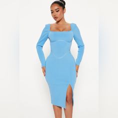 Brand New With Tags Bandage Midi Dress Long Sleeve Square Neck Stitching Detail Slit Hidden Back Zipper Stretch 95% Polyester 5% Spandex Imported Bandage Dress Outfit, Neck Stitching, Blue Bandage Dress, Midi Dress Long Sleeve, Dresses Fashion Nova, Bandage Midi Dress, Fashion Nova Dress, Fashion Nova Dresses, Long Sleeve Midi Dress