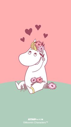 a cartoon hippo sitting on the ground with flowers in her hair and hearts above it