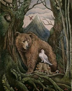 a bear and two birds are in the woods