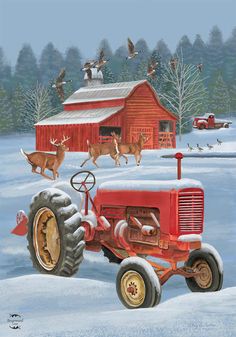 an old red farmall tractor in the snow with deer on it and birds flying around