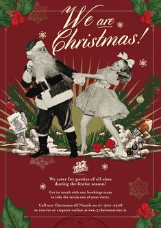 a christmas card with santa and mrs claus dancing together in front of holly wreaths