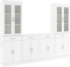 a white cabinet with glass doors and two shelves on each side, against a white background